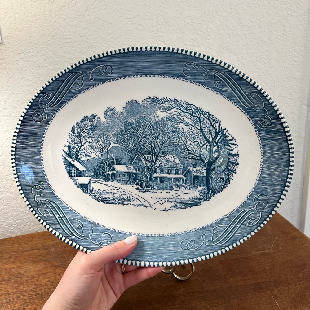 Vintage Currier & Ives ironstone delft blue plate oval